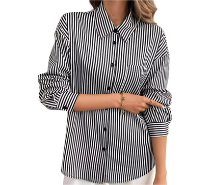 Elegant Striped Back Bow Long Sleeve Shirt