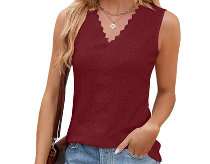 V-neck Lace Stitching Loose Fitting Sleeveless Tank Top