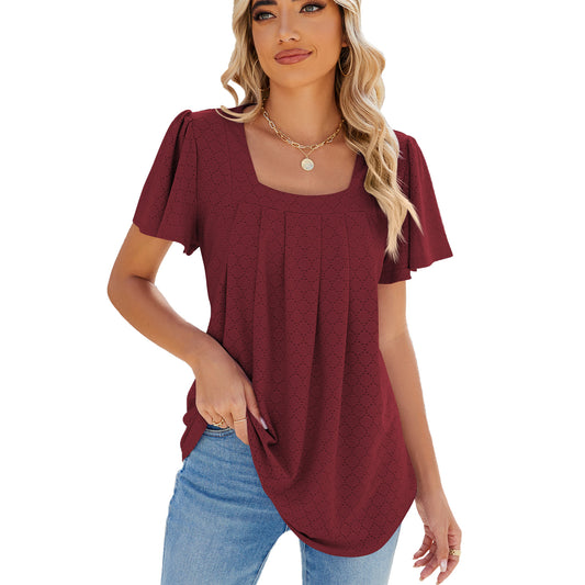 Square Collar Pleated Short Sleeve Loose Fitting Top