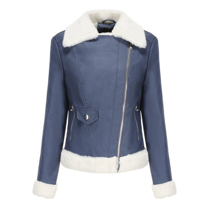 Fleece Leather European Warm Turn down Collar Coat Jacket