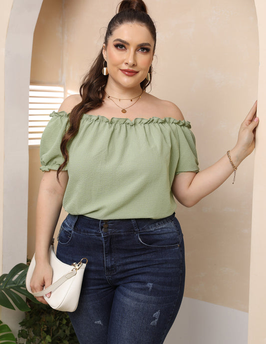 Plus Size Ruffled off-Shoulder Sexy Casual Sweet Short-Sleeved Top