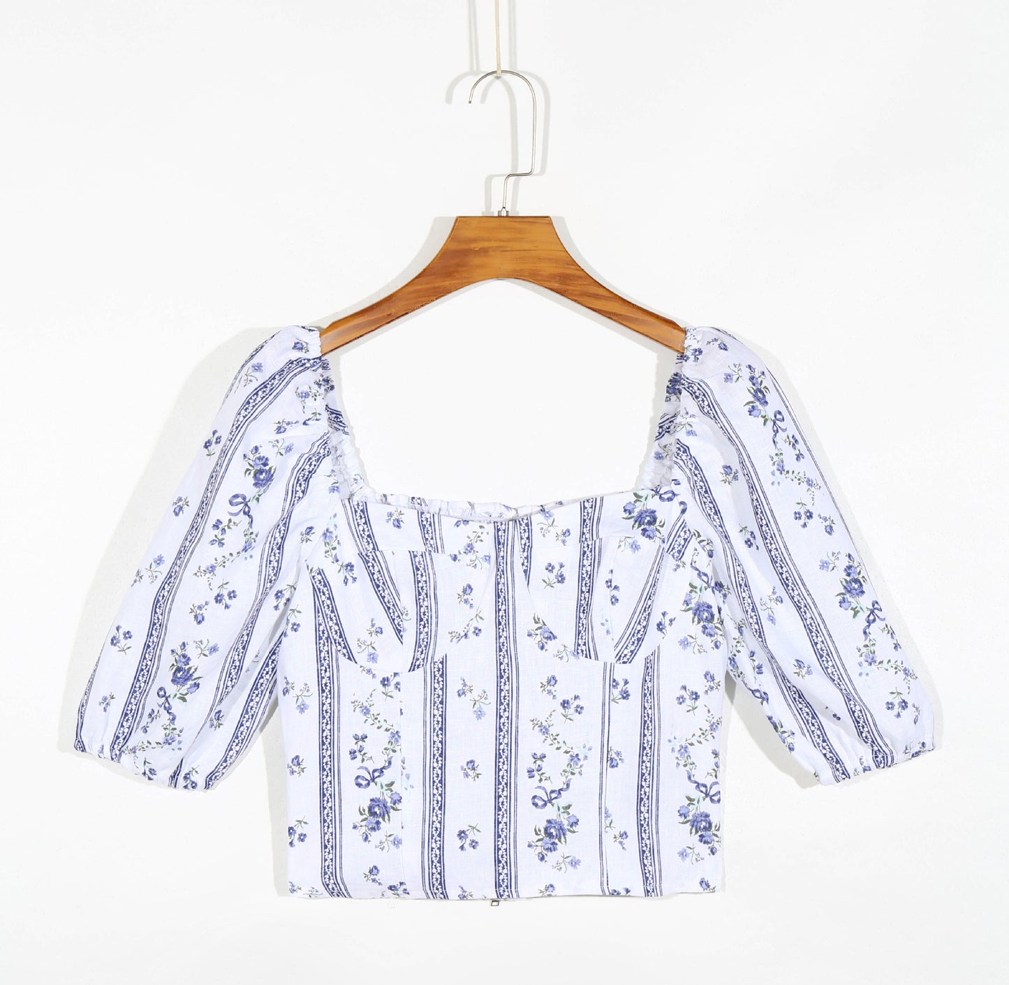 Wind Blue Striped Short Sleeve Floral Blouse