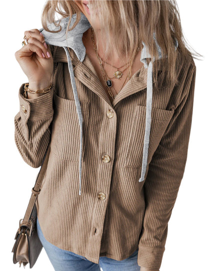 Pouch Hooded Drawstring Striped Coat