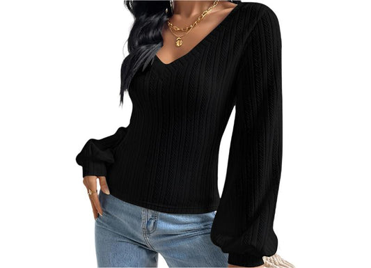 V-neck Puff Sleeve Knitted Long Sleeved Top