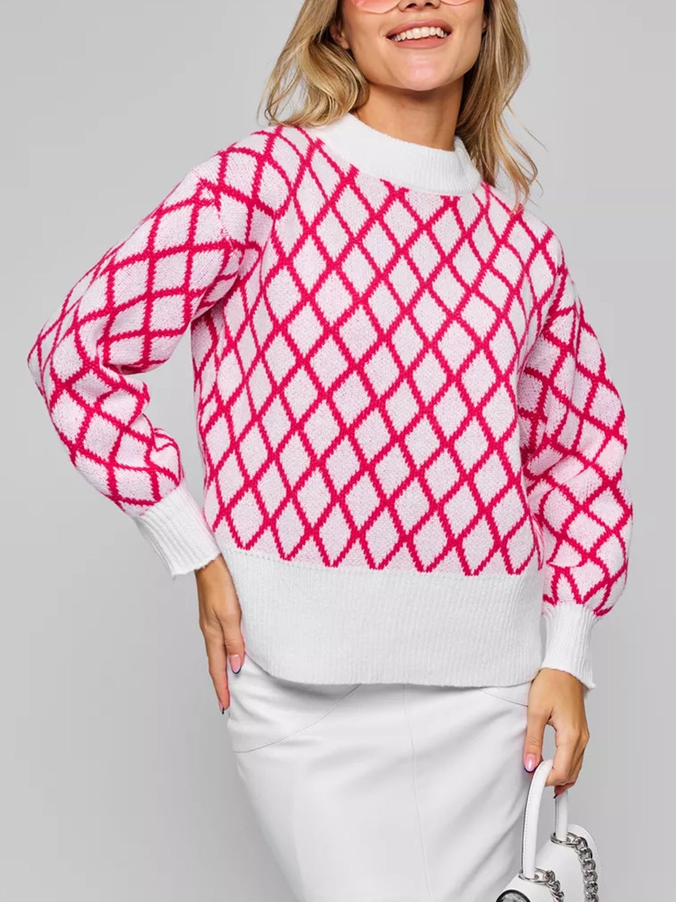 Hit Color Diamond Lattice Loose Round Neck Lantern Sleeve Knitted Pullover Sweater