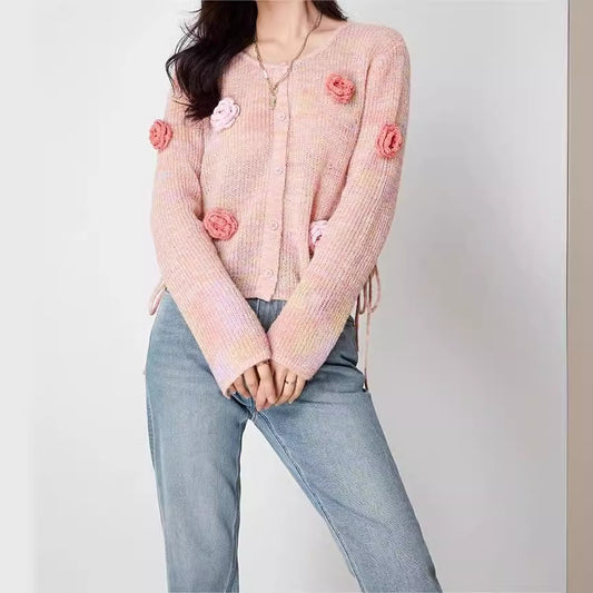 Pink Floral Long Sleeve Cardigan Sweater