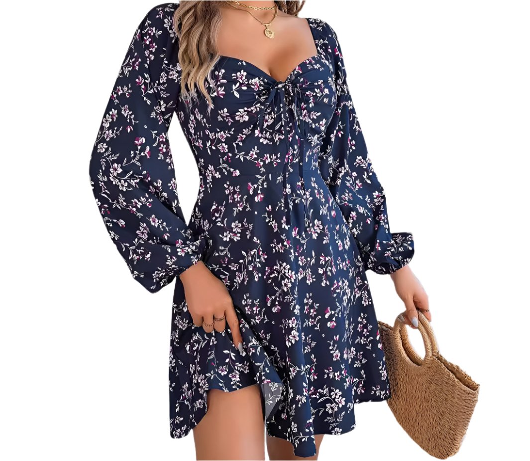 Casual Sexy Lacing Floral Long Sleeve A-Line Dress