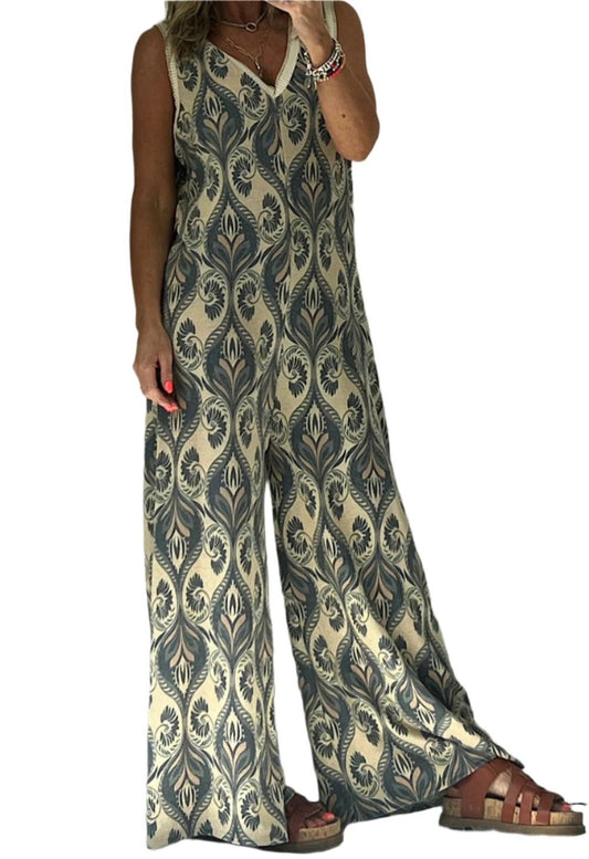 Print Casual Loose V-neck Jumpsuit