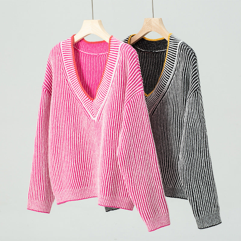 V-neck Striped Pullover Sweater