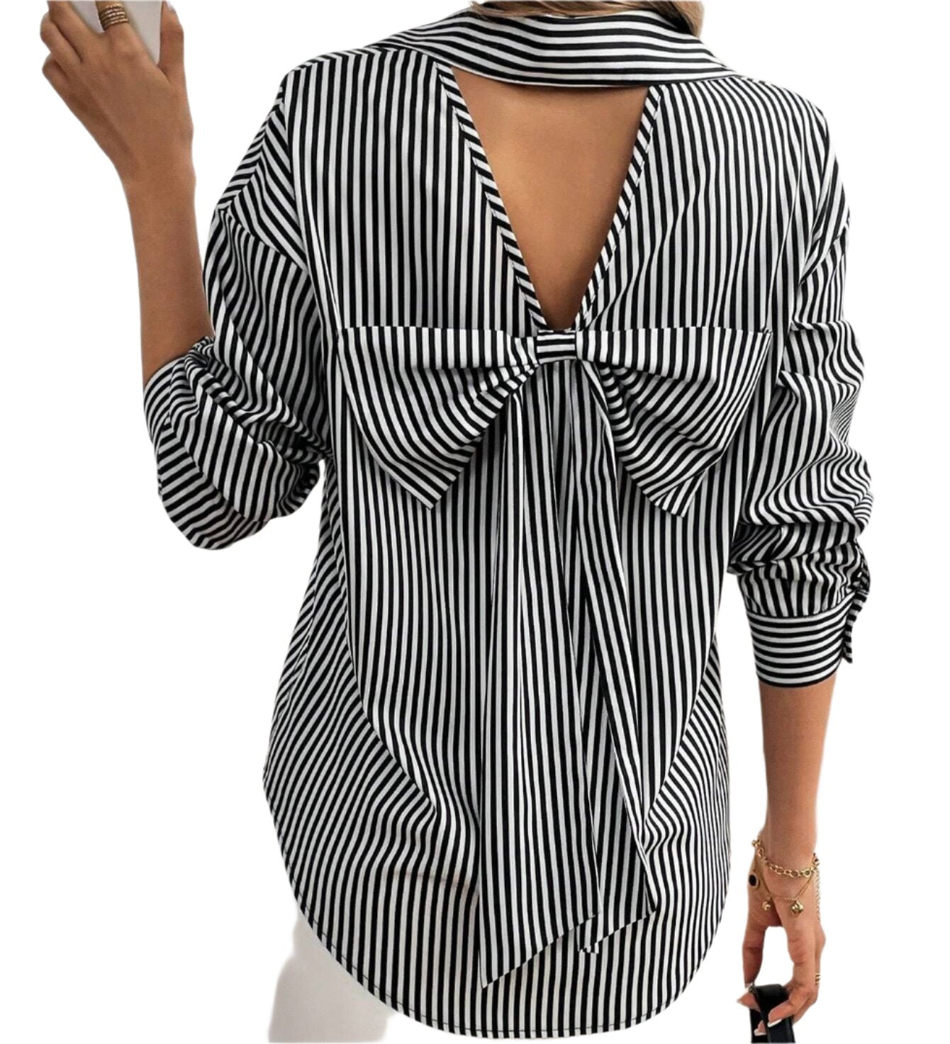 Elegant Striped Back Bow Long Sleeve Shirt