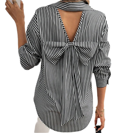 Elegant Striped Back Bow Long Sleeve Shirt