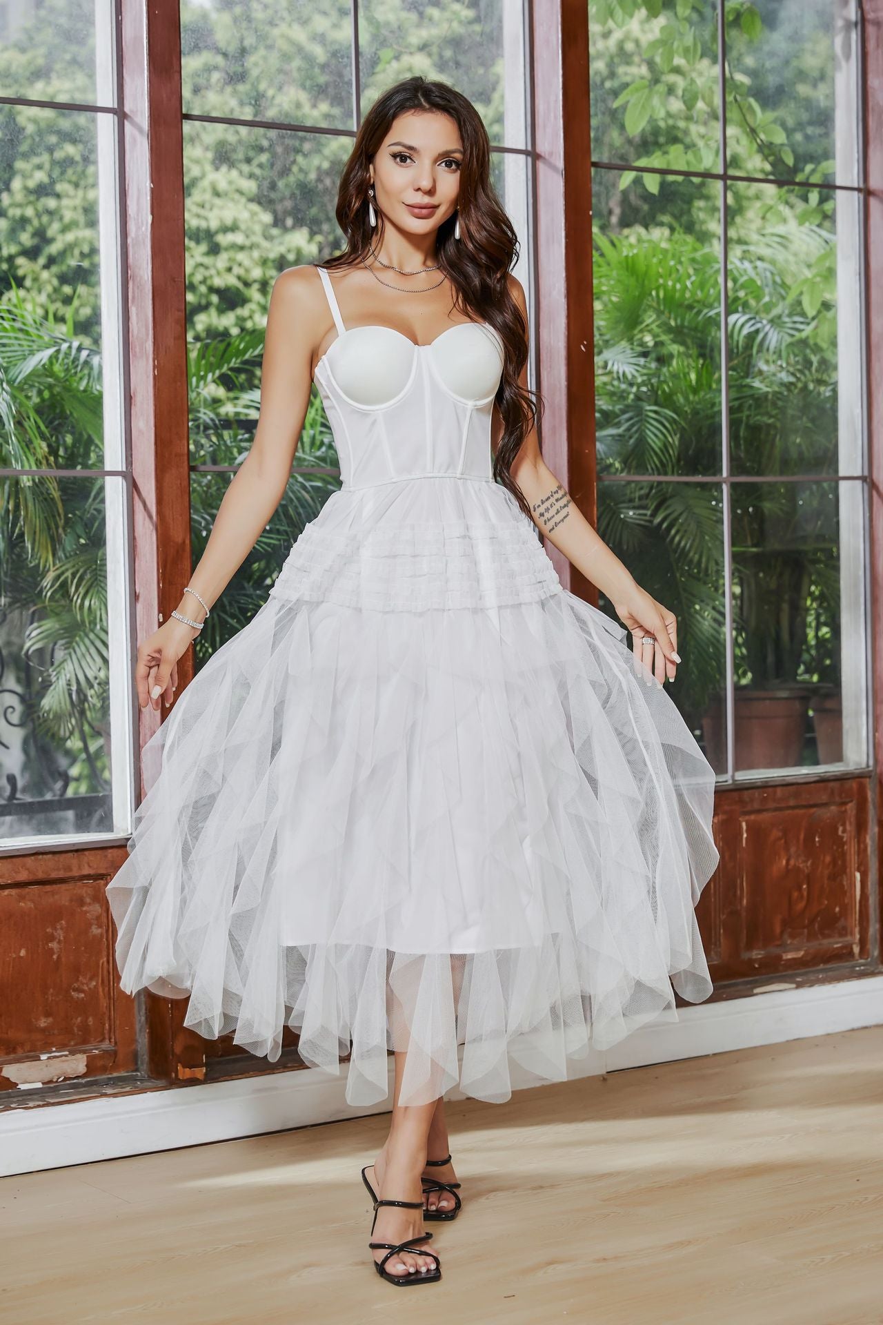 French Tube Top Corset White Swing Evening Dress