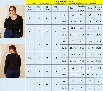 Plus Size Pleating Long Sleeve Sexy V-neck Knitted Top