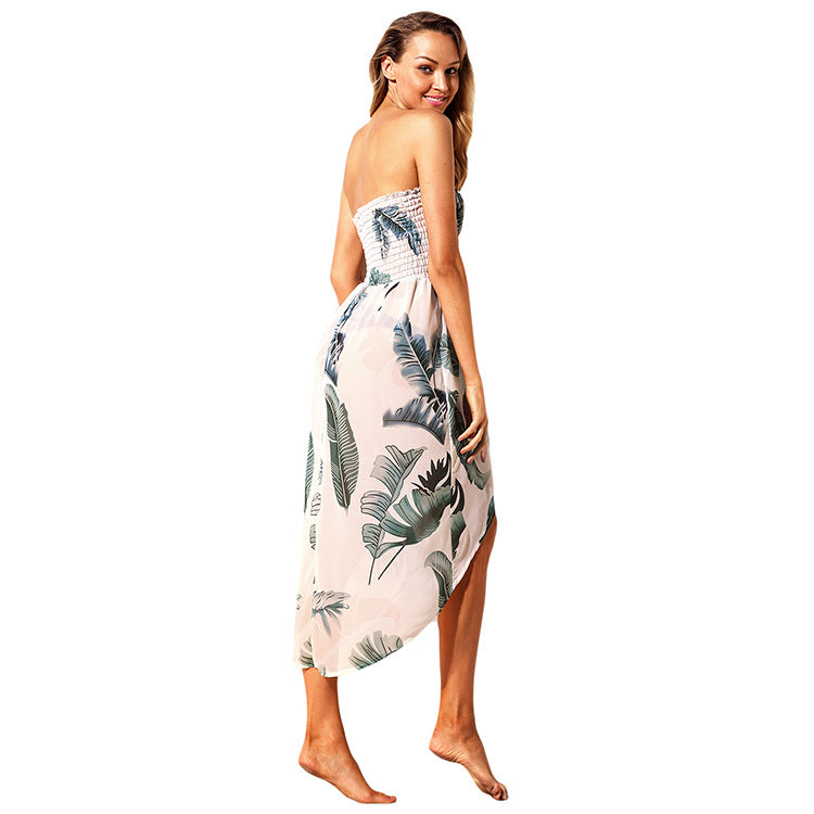 Tropical Leaf Print Chest Wrapped Beach Dress