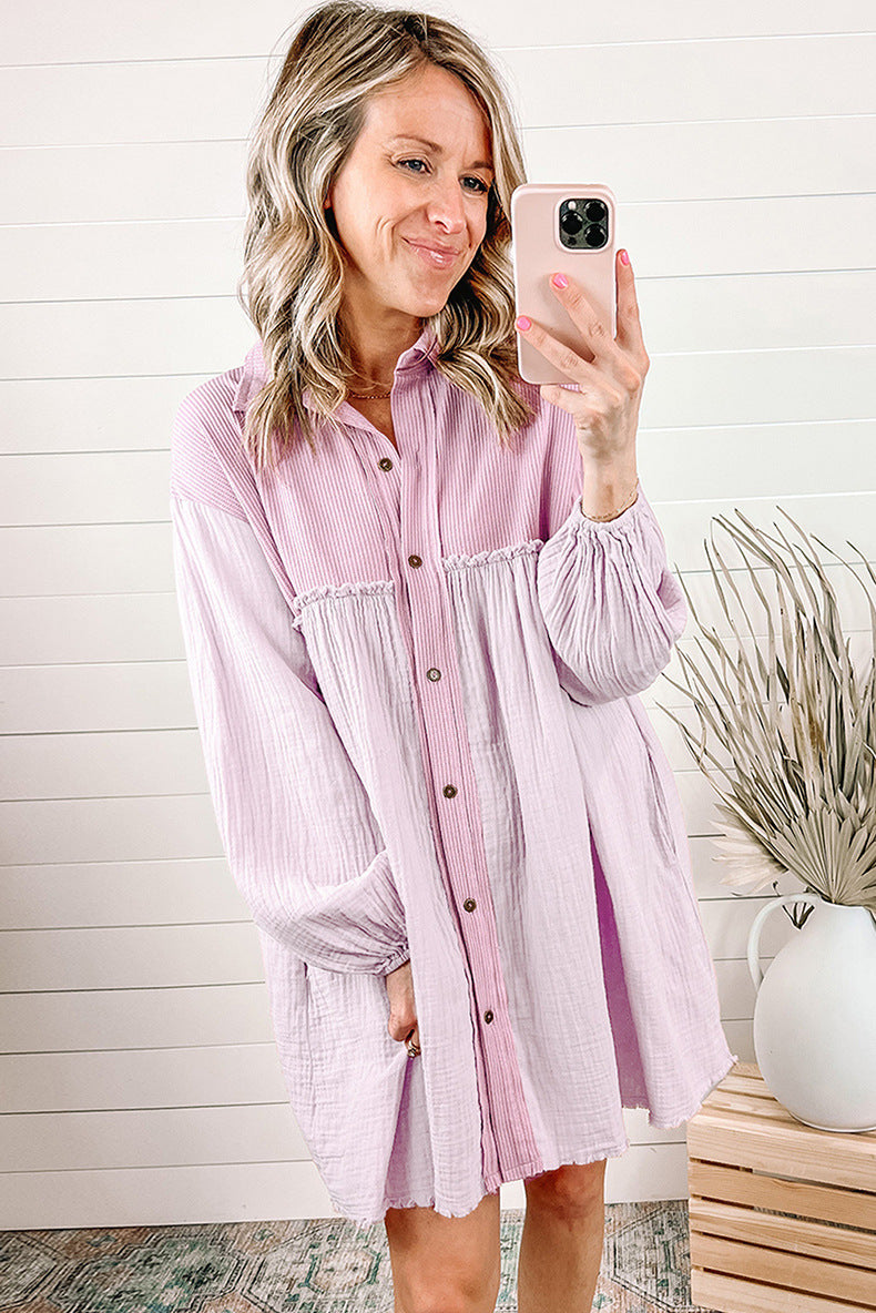 Patchwork Pleated Long Sleeve Shirt Dress