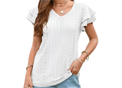 Mesh Hollow Cutout Ruffle Sleeve Casual Top