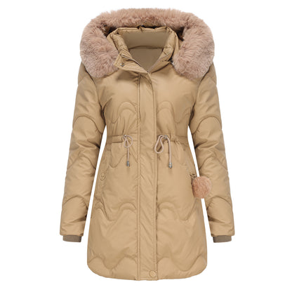 Cotton Detachable Wool Hooded Mid Length Parka Coat