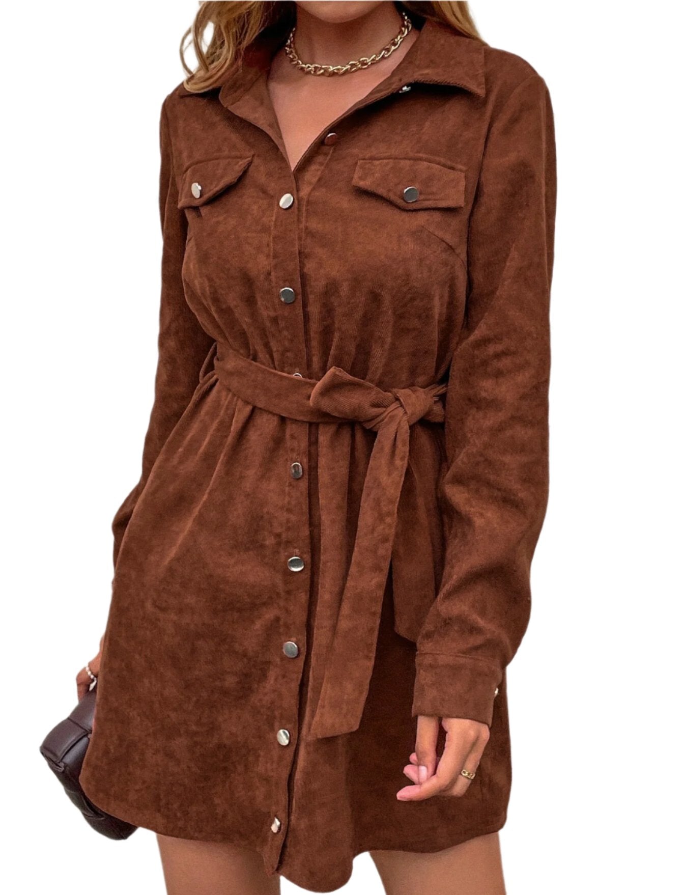 Corduroy Long Sleeve Shirt Dress