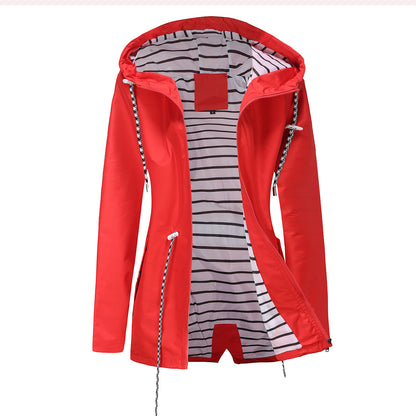 Long Sleeved Waterproof Hooded Mid Length Trench Raincoat