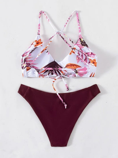 Floral Swimsuit Criss Cross Split Bikini