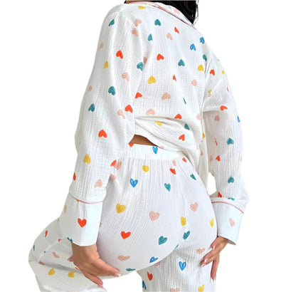 Heart Printed Long Sleeved Two Piece Pajamas Set