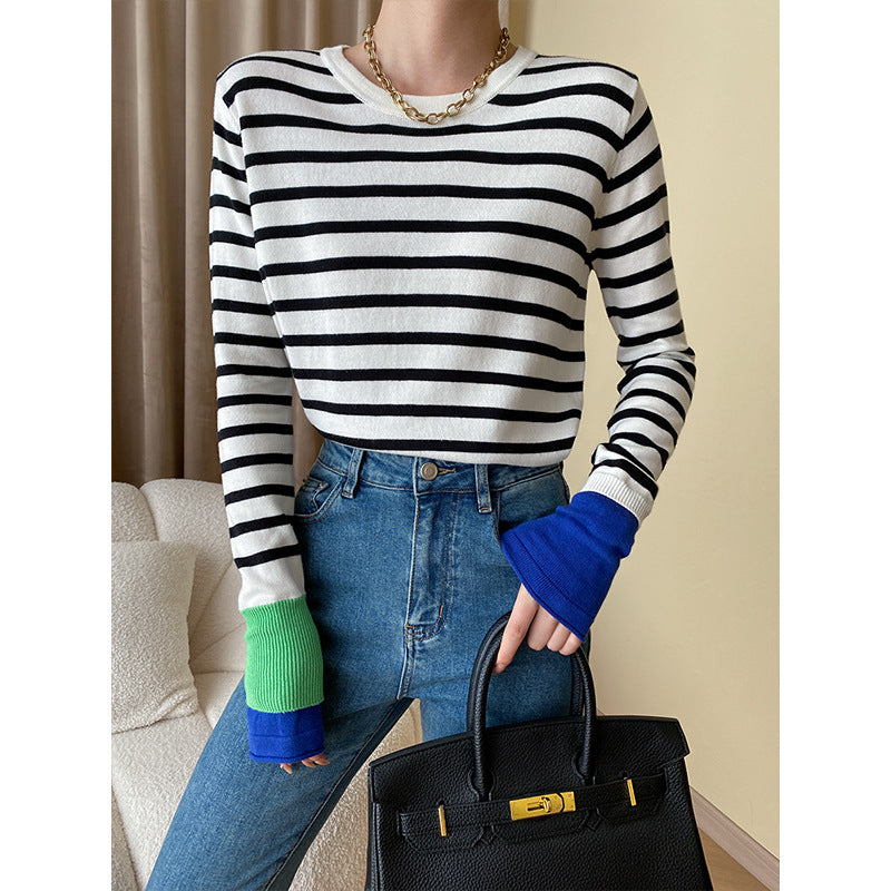 Contrast Color Striped Tone Sleeves Shirt