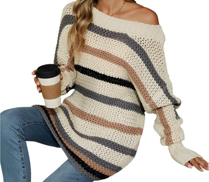 Off Shoulder Knitted Casual Loose Batwing Sleeve Striped Sweater