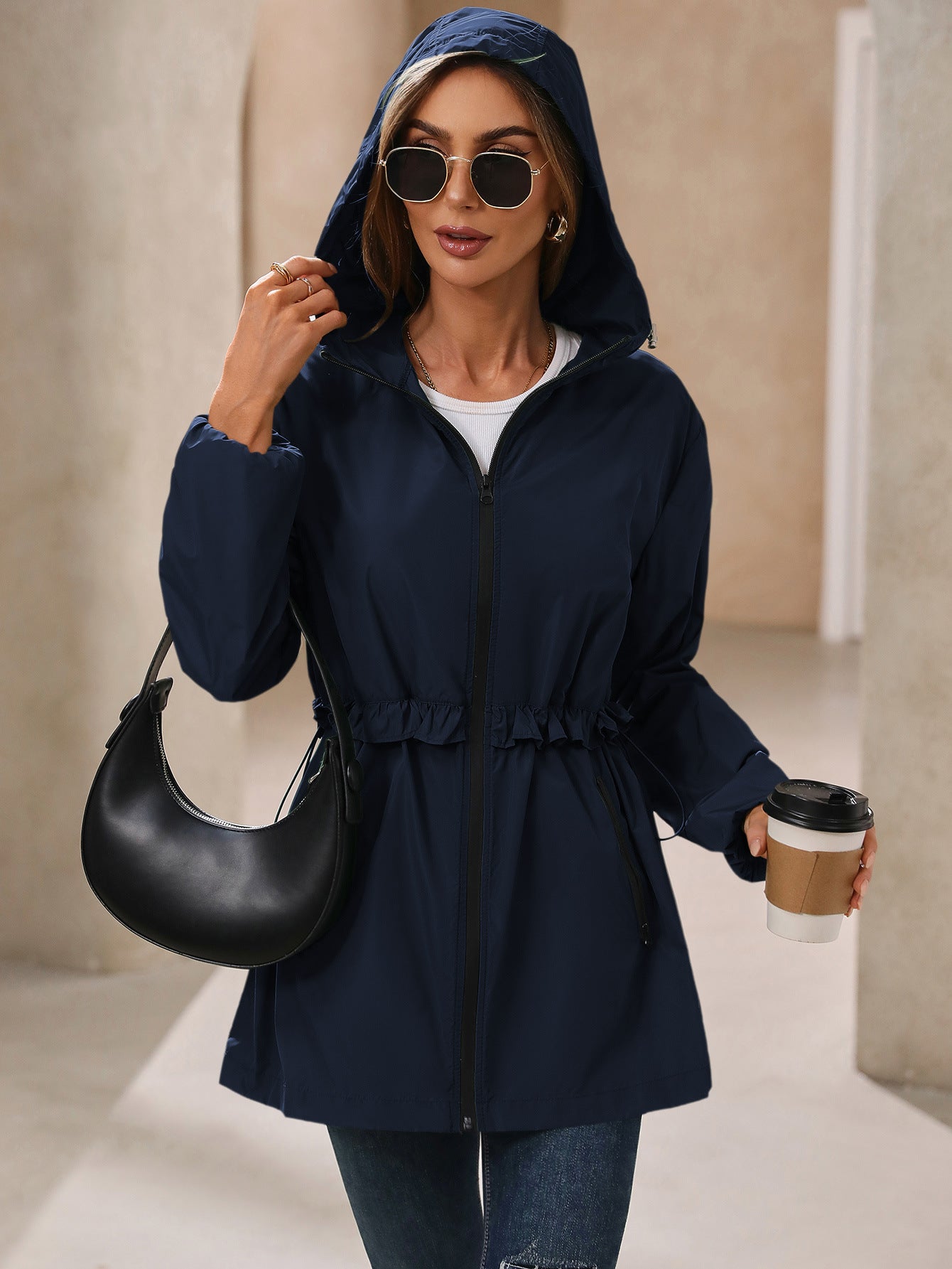 Rainproof Waterproof Ruffled Trim Hooded Trench Coat with Pockets