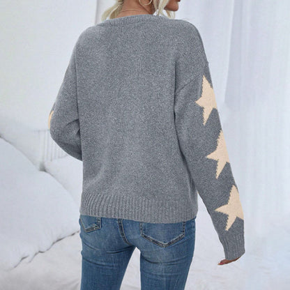 Long Sleeved Knitted Jacquard Round Neck Pullover Sweater