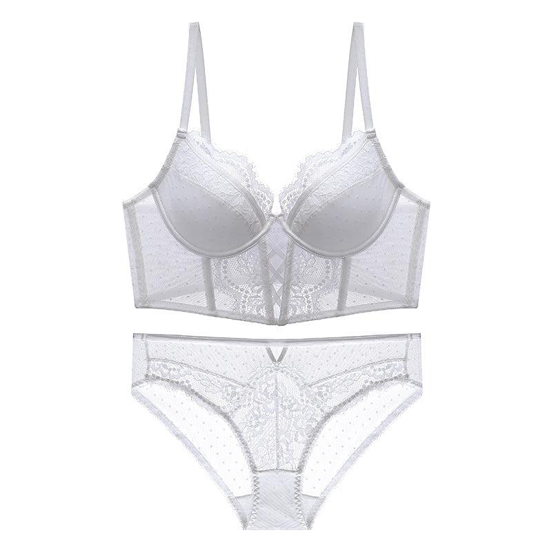 French Transparent Lace Corset Thin Cup Soft Steel Ring Boning Corset Push-up Bra Set