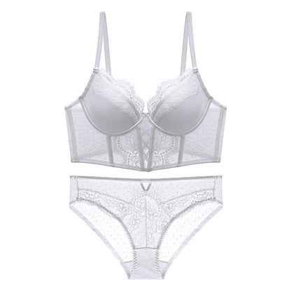 French Transparent Lace Corset Thin Cup Soft Steel Ring Boning Corset Push-up Bra Set