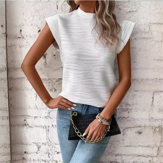 Beautiful Half Turtleneck Water Ripple Back Buttoned Short Sleeve Top