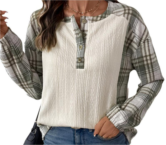 Plaid Stitch Long Sleeve T-shirt Top