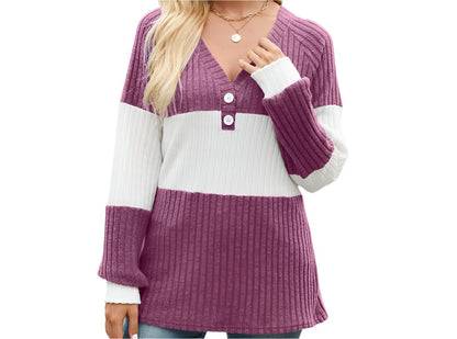 Long Sleeve Contrast Color Loose Sweater Top