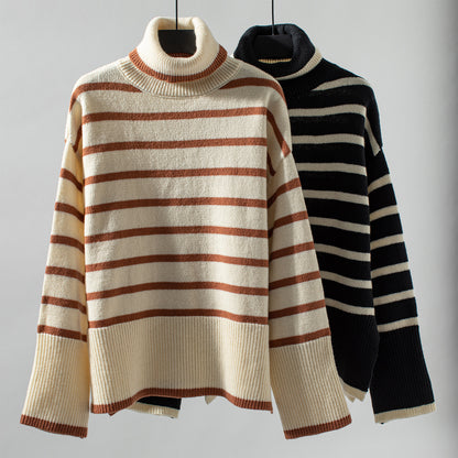 Knitting Pullover Collared Striped Turtleneck Sweater