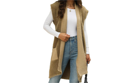 Mid-Length Mink Like Sleeveless Knitted Cardigan Sweater