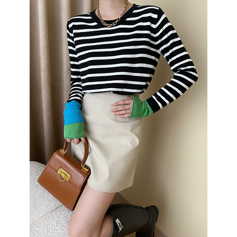 Contrast Color Striped Tone Sleeves Shirt