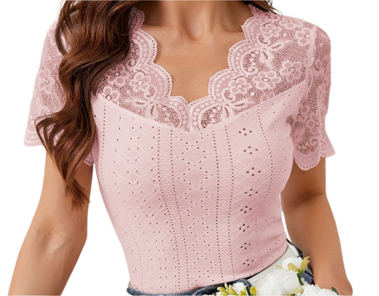 Fan-Shaped Front Back V-neck Lace Stitching Slim Fit Shor Sleeved Top