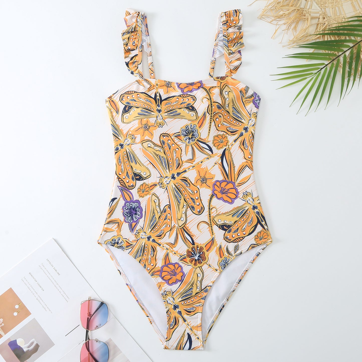 Retro Print Ruffle Strap Swimsuit