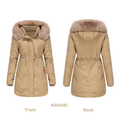 Cotton Detachable Wool Hooded Mid Length Parka Coat