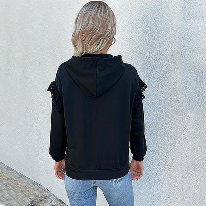 Long-Sleeve Ruffled Sleeves Solid Color Hooded Sweatshirt