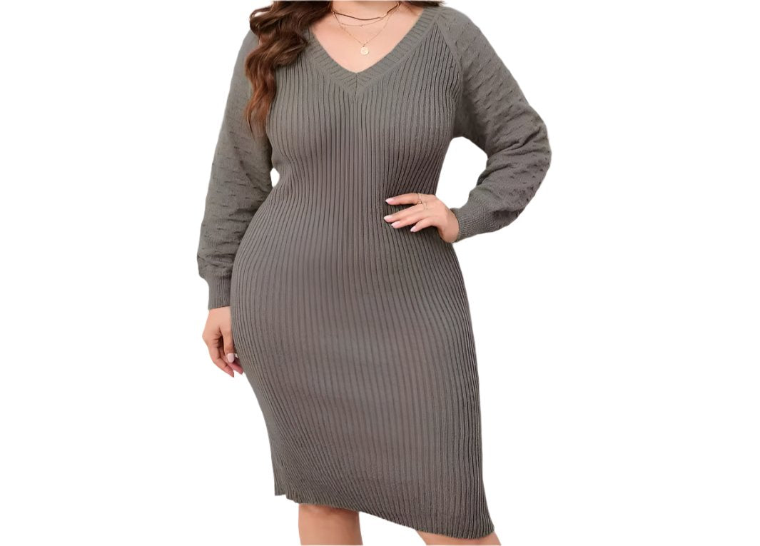 Woolen V-neck Knitted Sweater Dress