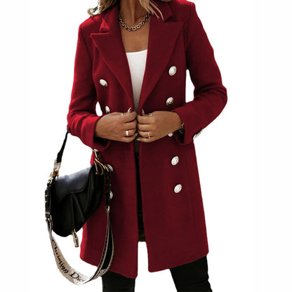 Overcoat Long Sleeve Blazer Collar Double Breasted Woolen Coat