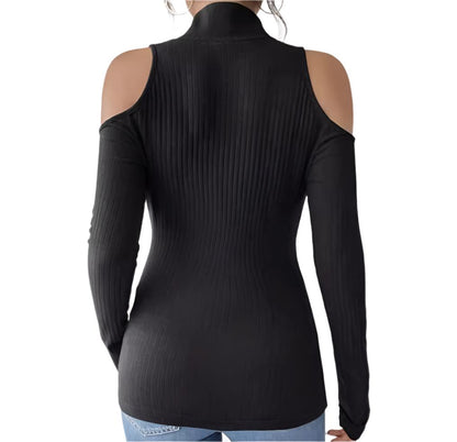 Zipped Stand Collar Off The Shoulder Long Sleeve Top