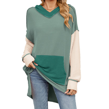 Contrast Color Pocket Long Sleeve Loose Hooded Sweater