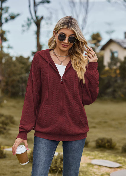 Solid Color Pocket Long-Sleeve Loose Hooded Sweatshirt