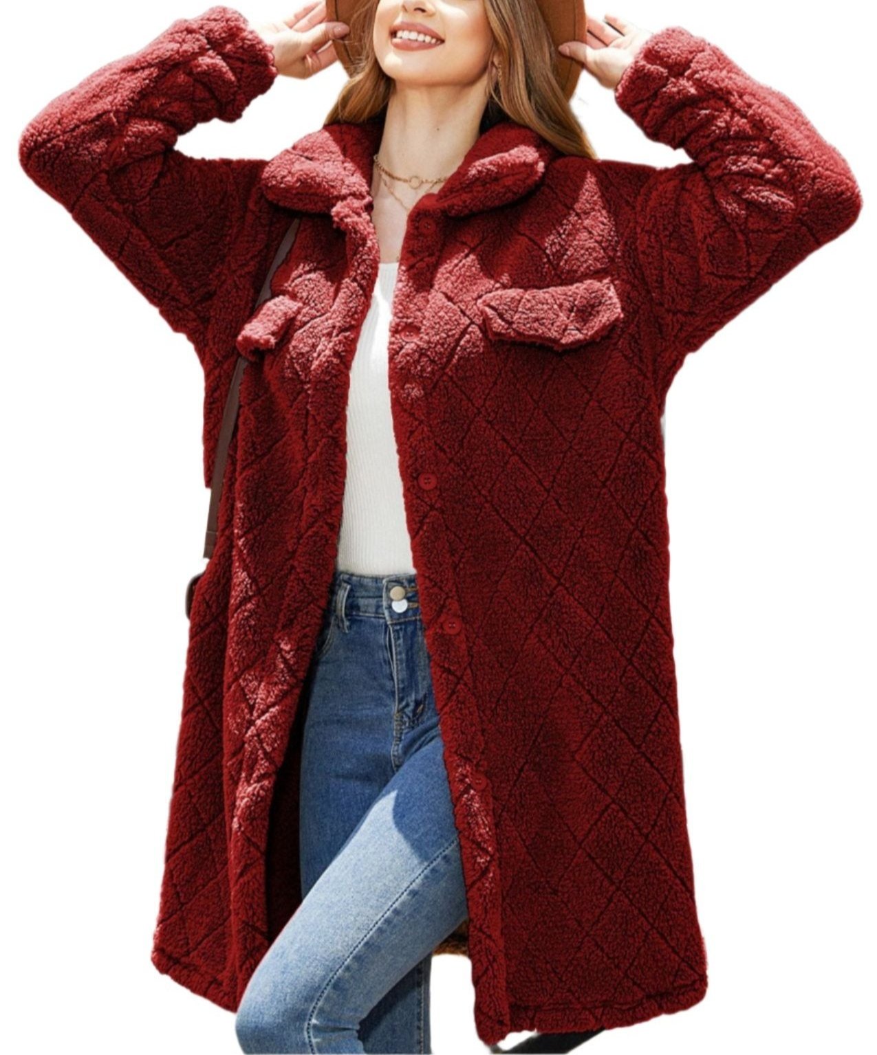 Autumn Winter Plush Loose Single Breasted Diamond Coat