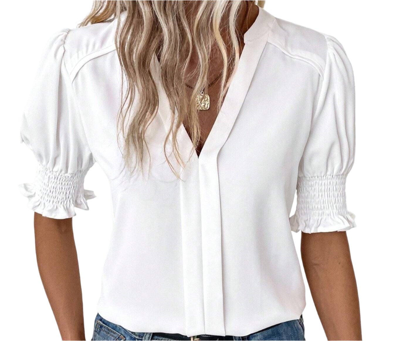 V-neck Elegant Puff Sleeve Solid Color Shirt Top