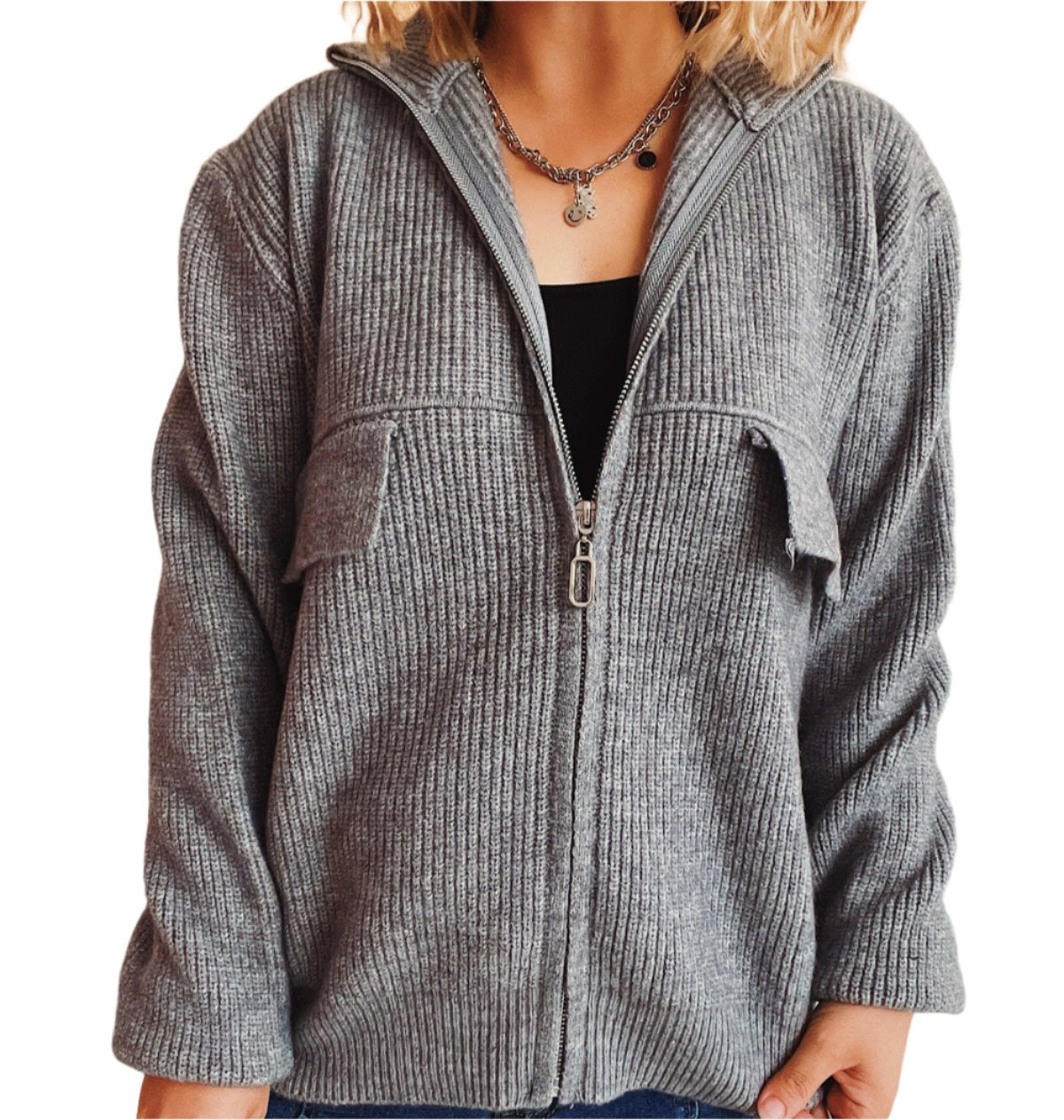 Zipper Pocket Knitted Cardigan