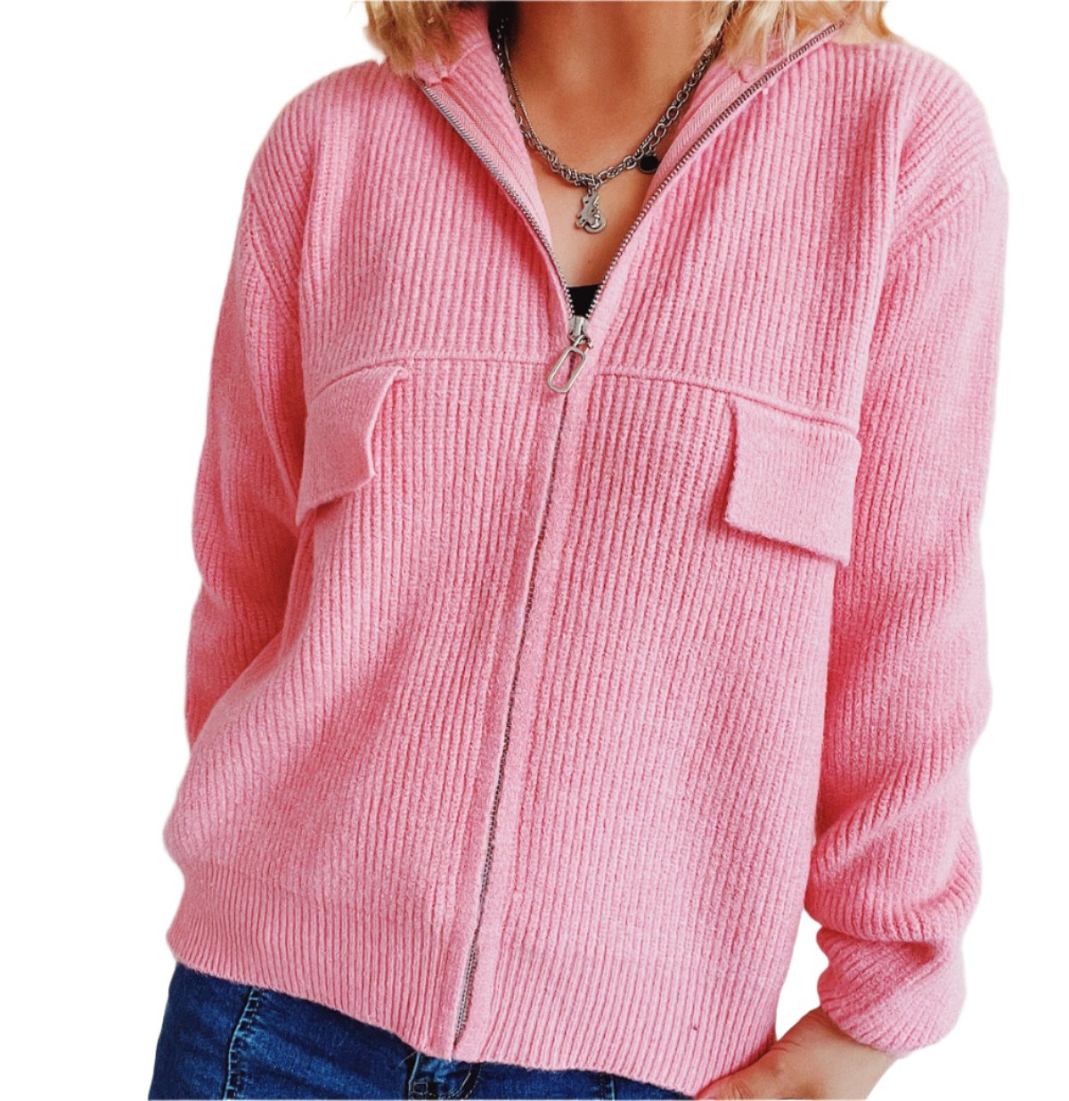 Zipper Pocket Knitted Cardigan